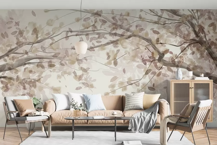 Papier peint Branches fleuries avec feuilles beiges, couleurs douces, détails délicats, style aquarelle, sur fond clair w08867v1