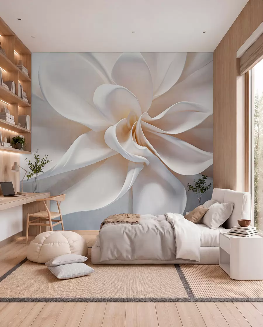Papier peint Une fleur minimaliste texturée pastel blanche avec des pétales doux, légers et aériens, sur un fond blanc w08868