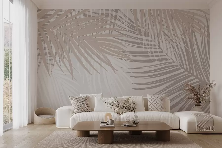 Papier peint Feuilles de palmier dans les tons beige clair et blanc, feuillage tropical, couleurs pastel douces, design minimaliste w08869