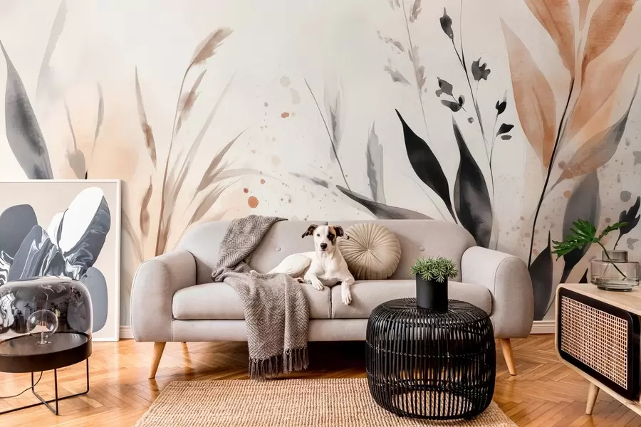 Papier peint aquarelle de feuilles en technique libre dans des couleurs terreuses w03120