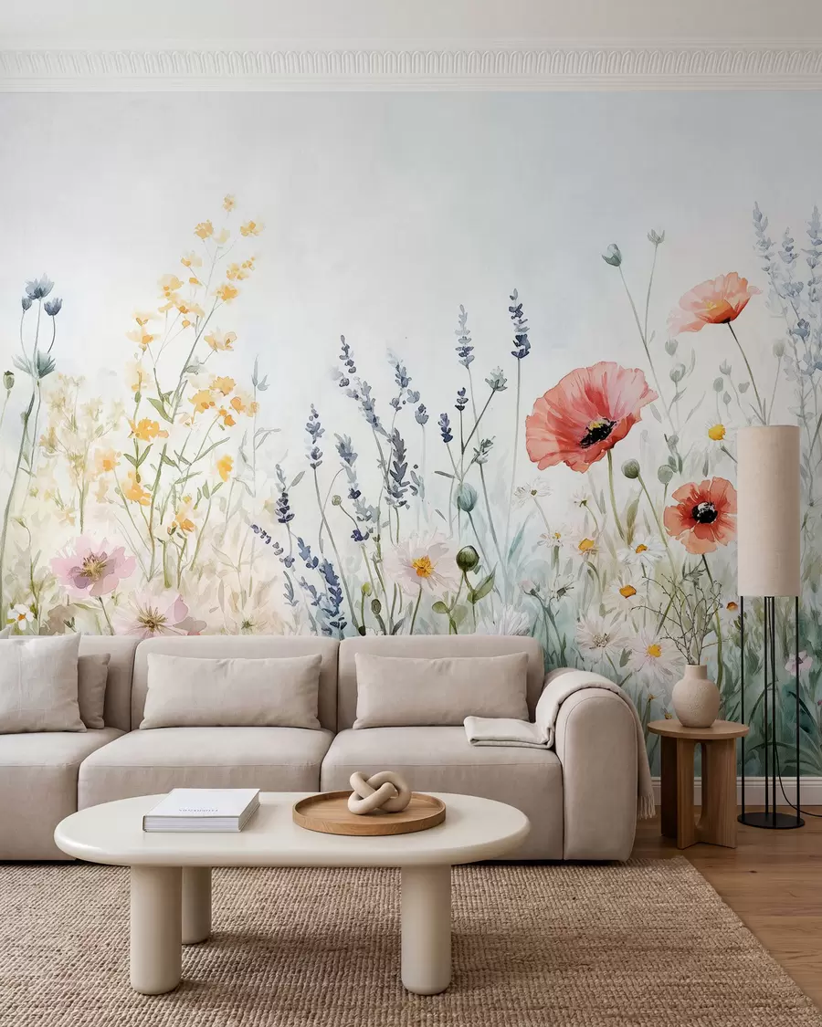 Papier peint fleurs sauvages et coquelicots dans la technique des traits w03281