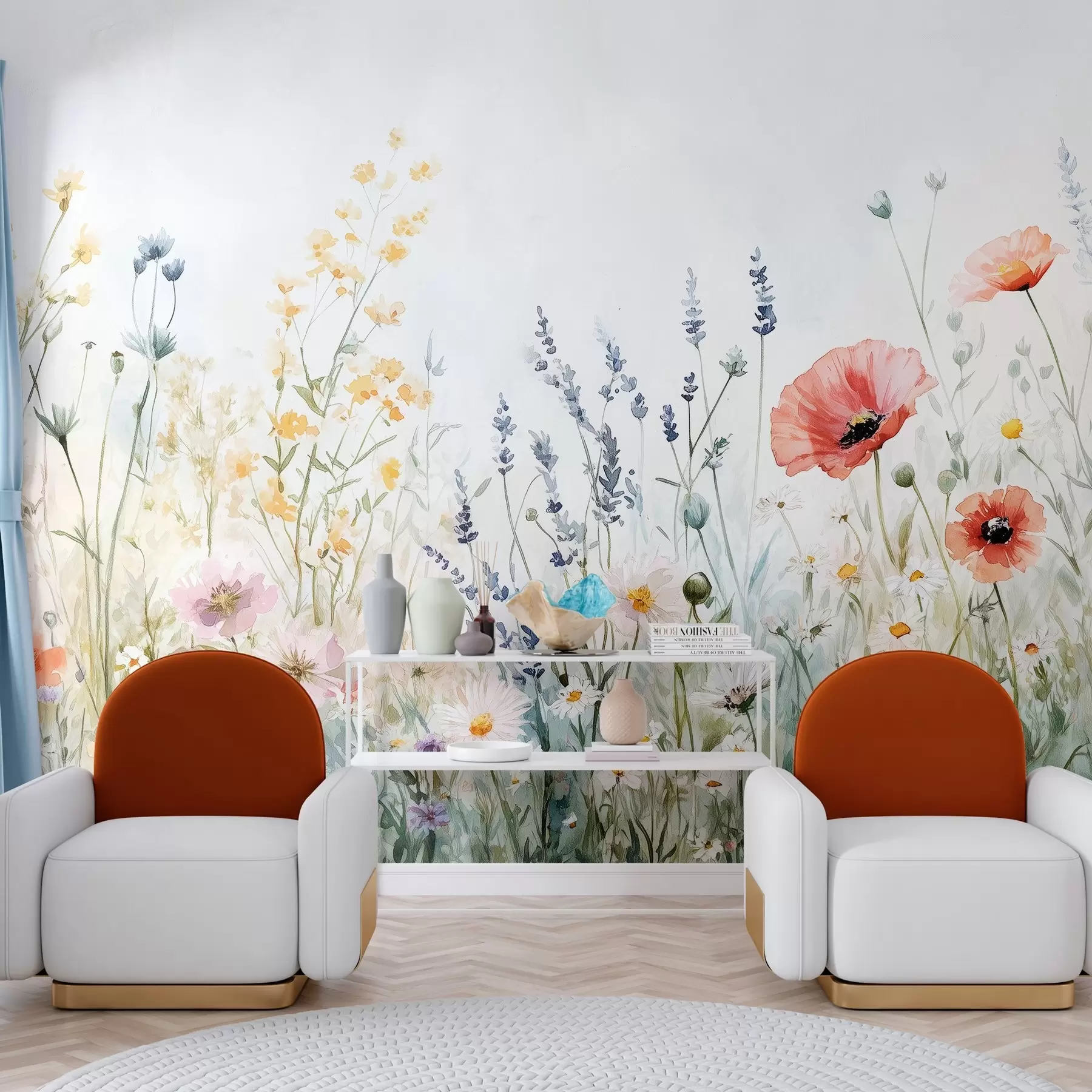 Papier peint fleurs sauvages et coquelicots dans la technique des traits w03281