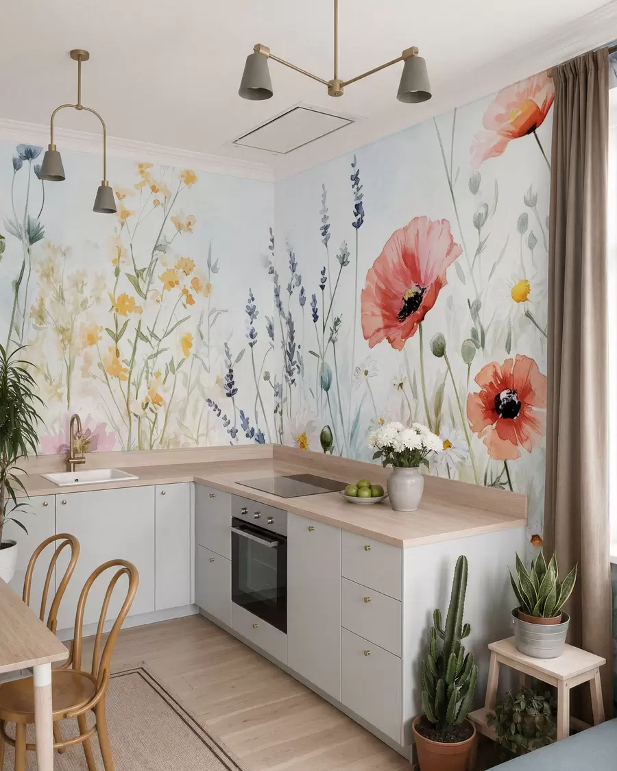 Papier peint fleurs sauvages et coquelicots dans la technique des traits w03281