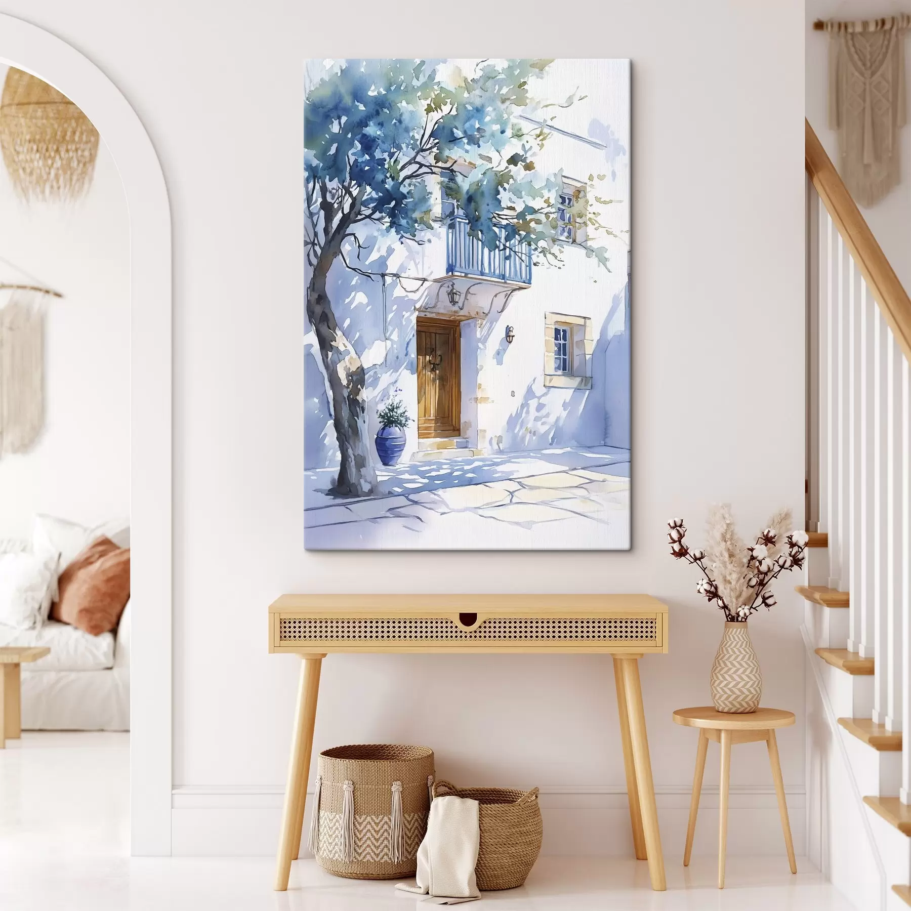 Tableau Aquarelle, maison grecque, arbre en fleurs, architecture  s43182