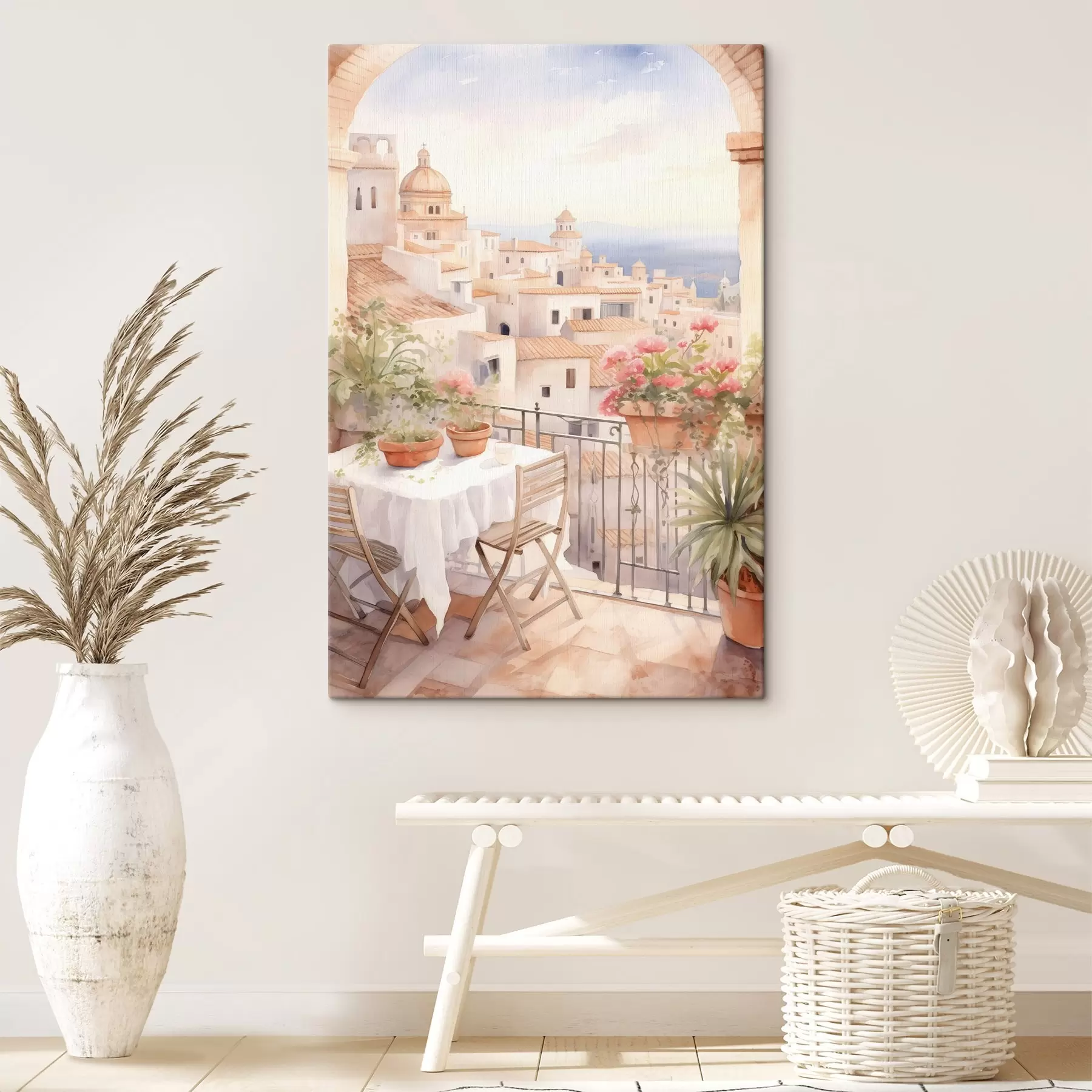 Papier peint Coucher de soleil sur le balcon, Italie, architecture, fleurs épanouies, style aquarelle s43184
