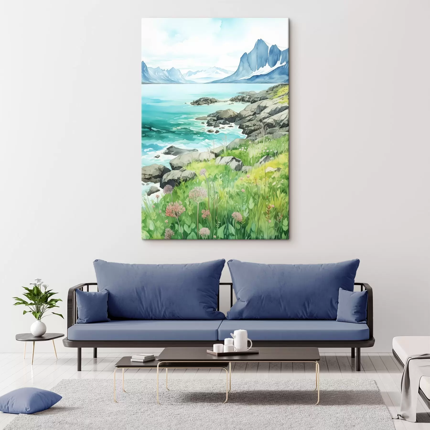 Tableau Norvège nature, fjords, paysage d'été, herbe verte, montagnes, style aquarelle s43188