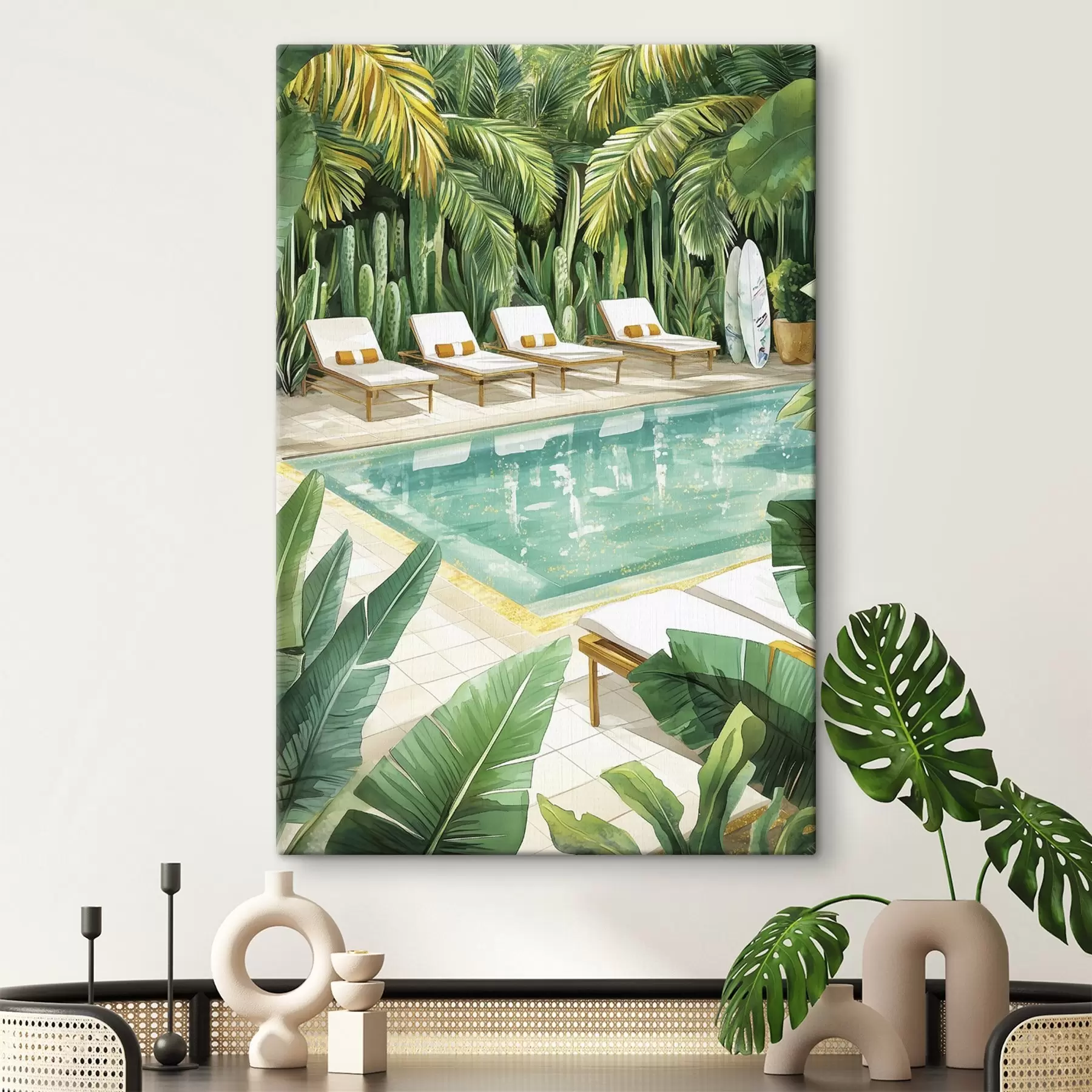 Tableau Nature tropicale, jardin, piscine d'été, surf, style aquarelle s43190