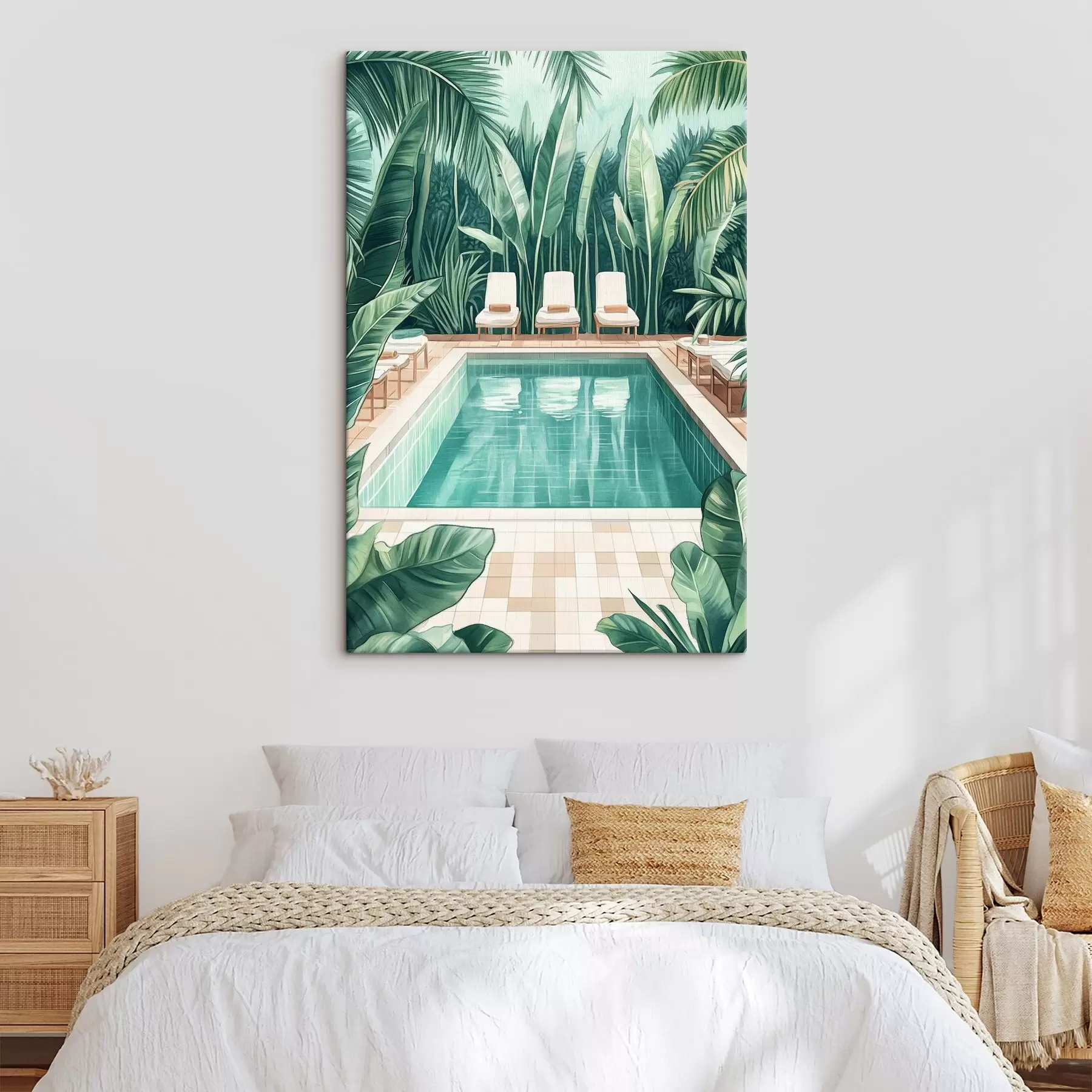 Tableau Piscine d'été esthétique dans un jardin tropical, style aquarelle s43192