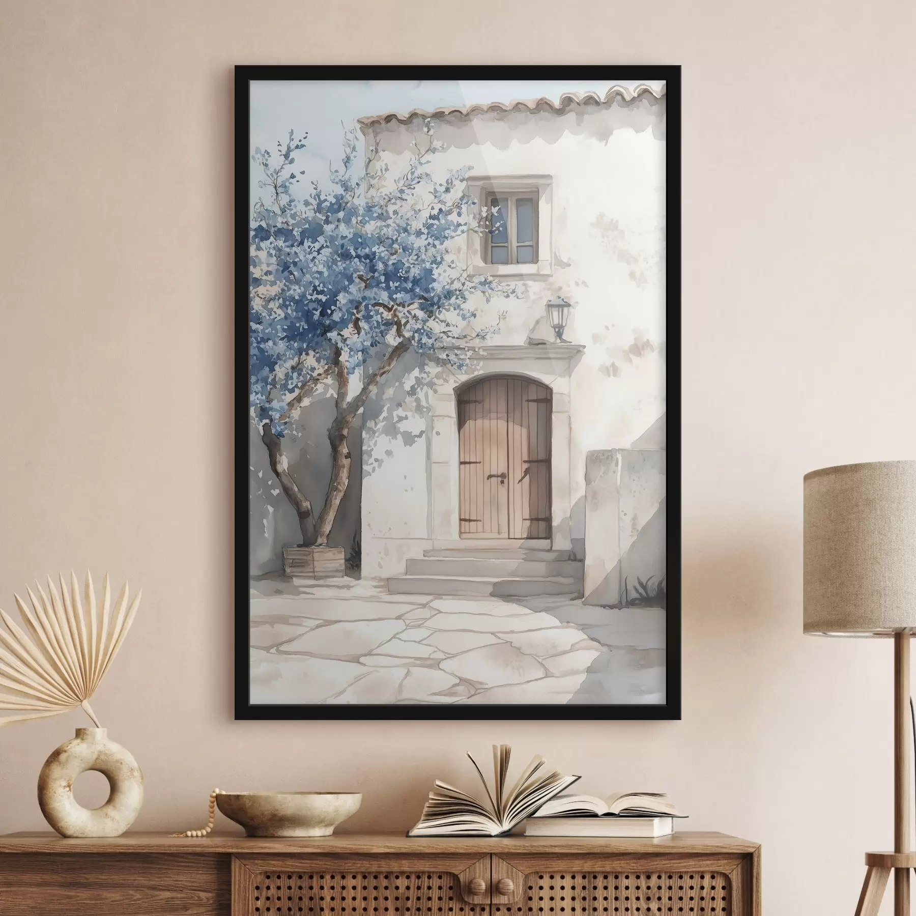 Papier peint Maison grecque avec un bel arbre, architecture, style aquarelle f43178