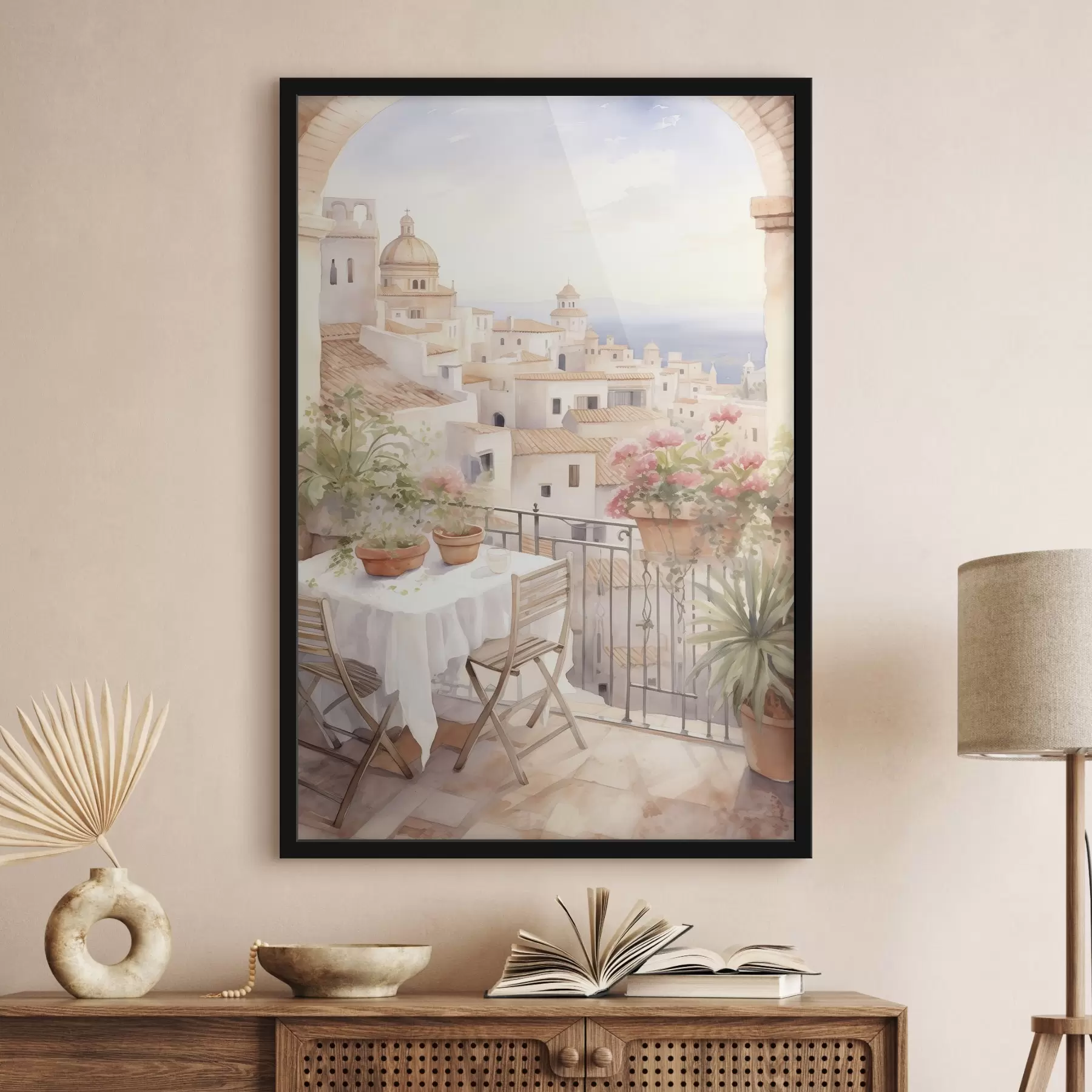 Papier peint Coucher de soleil sur le balcon, Italie, architecture, fleurs épanouies, style aquarelle f43184