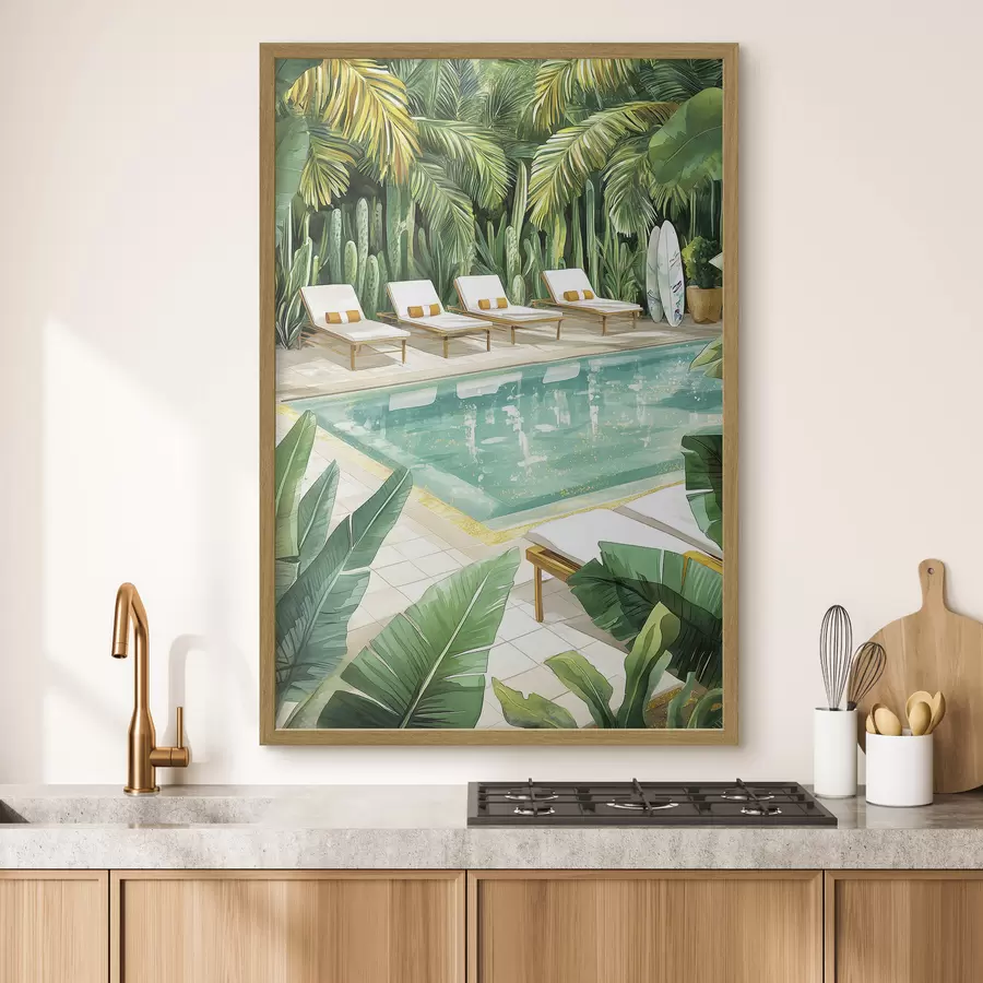 Papier peint Nature tropicale, jardin, piscine d'été, surf, style aquarelle f43190