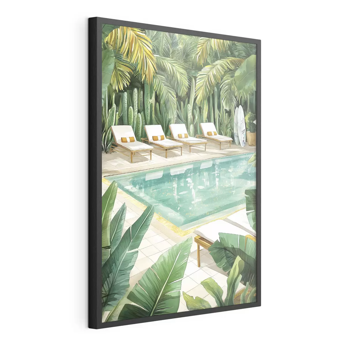 Poster Nature tropicale, jardin, piscine d'été, surf, style aquarelle f43190
