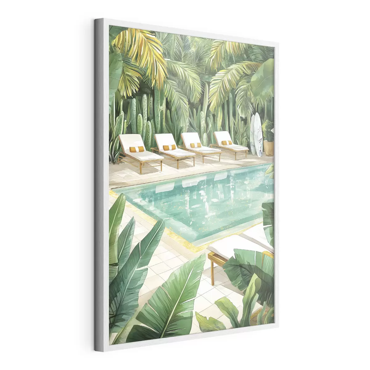 Poster Nature tropicale, jardin, piscine d'été, surf, style aquarelle f43190