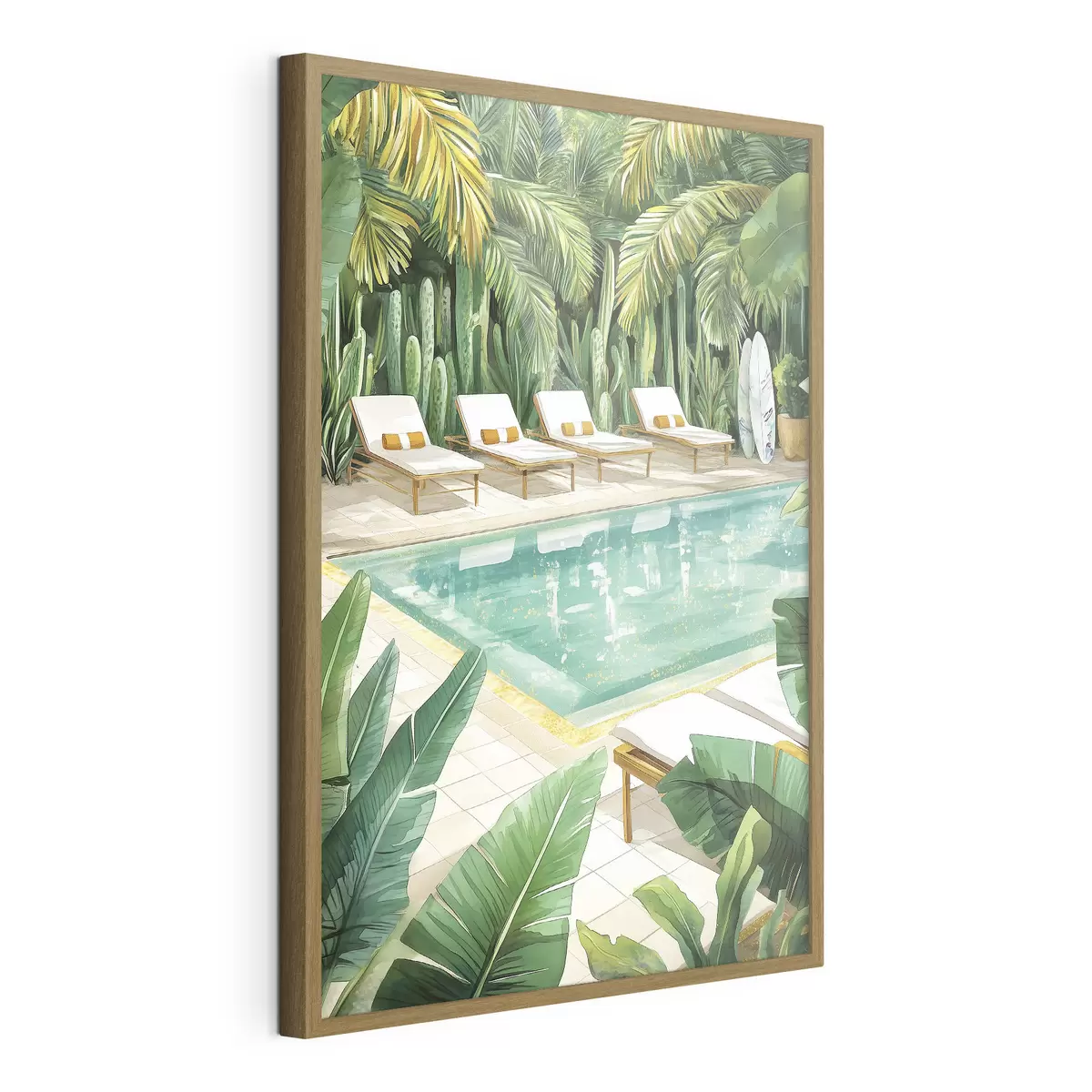 Poster Nature tropicale, jardin, piscine d'été, surf, style aquarelle f43190