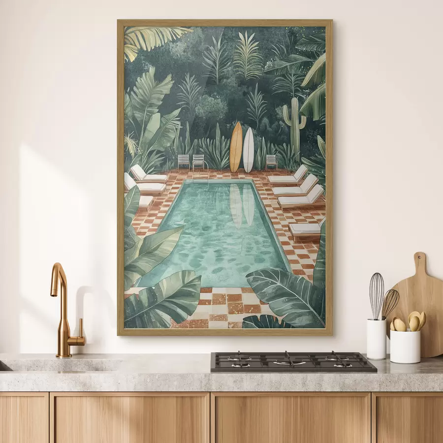 Papier peint Piscine d'été vintage, forêt tropicale, verdure, palmiers, style aquarelle f43191