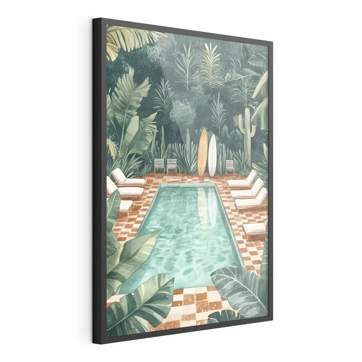 Poster Piscine d'été vintage, forêt tropicale, verdure, palmiers, style aquarelle f43191