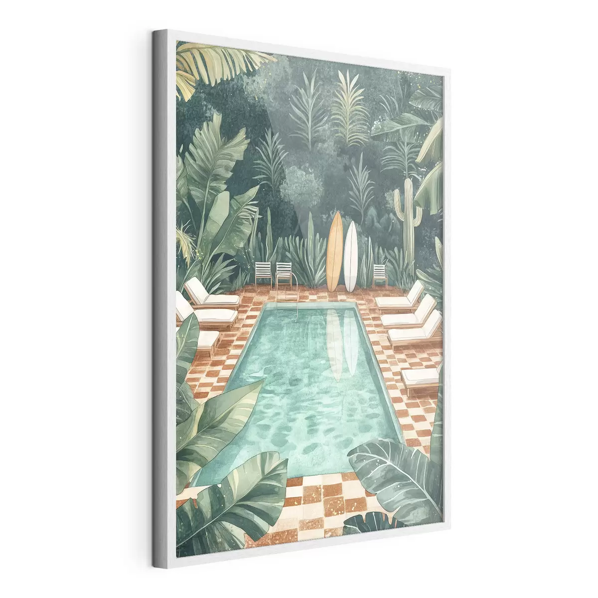 Poster Piscine d'été vintage, forêt tropicale, verdure, palmiers, style aquarelle f43191