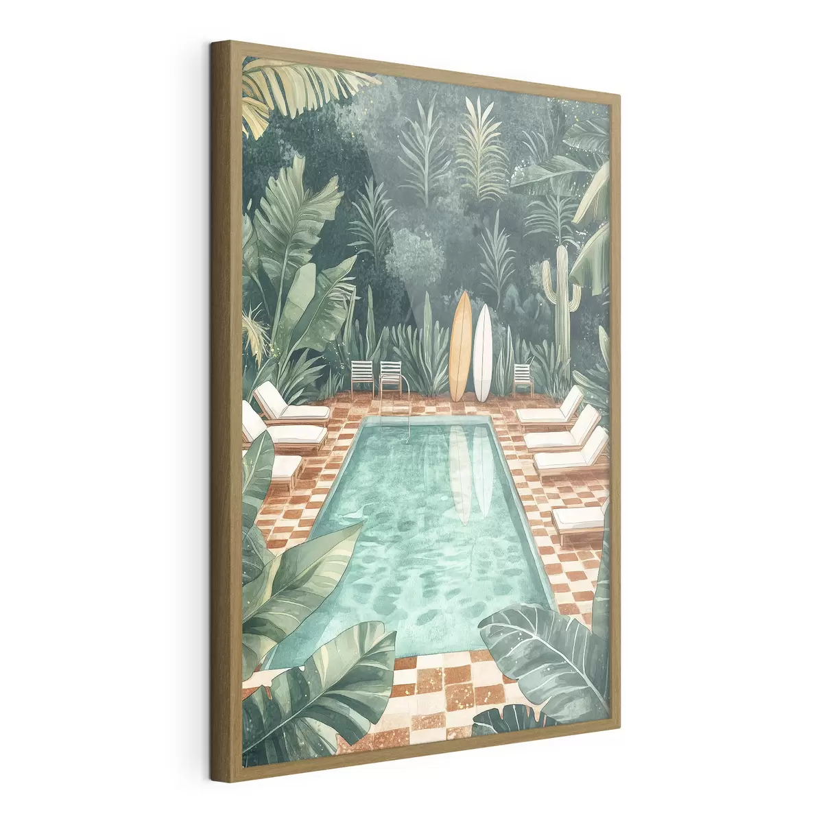Poster Piscine d'été vintage, forêt tropicale, verdure, palmiers, style aquarelle f43191