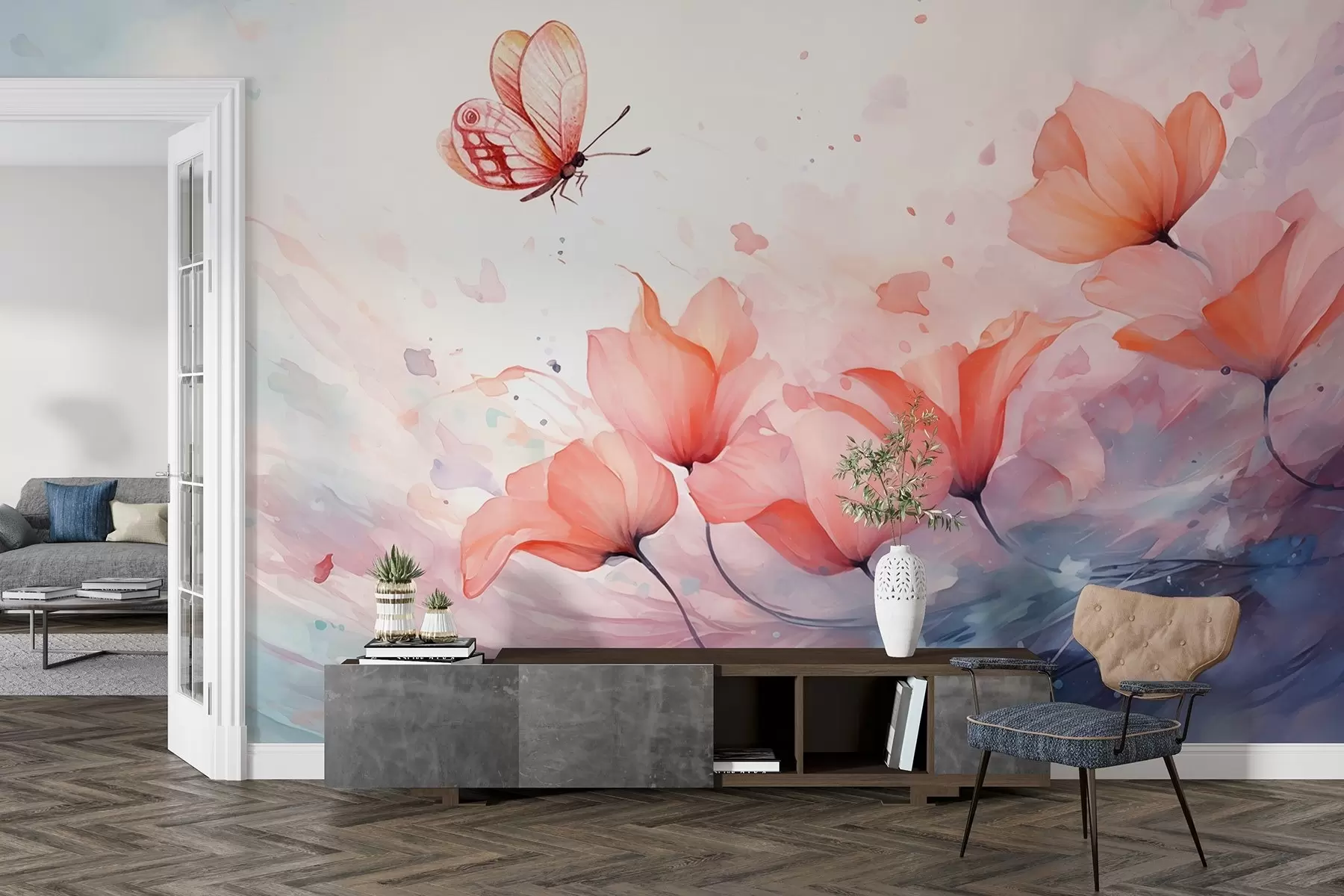 Papier peint Coquelicots délicats avec un papillon dans un style aquarelle w08849