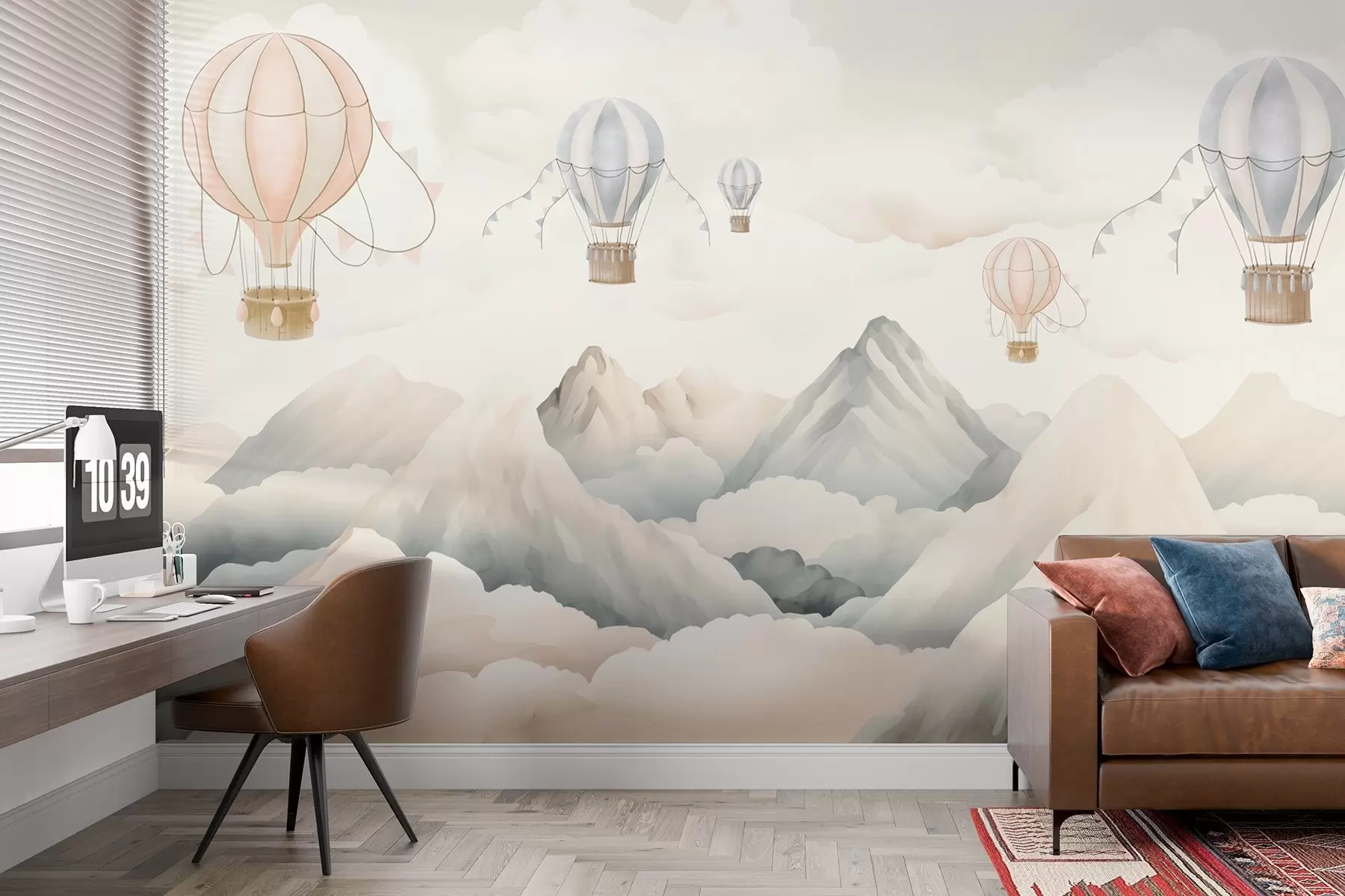 Papier peint Montgolfières flottant au-dessus des montagnes dans des tons neutres, doux et pastel w08853