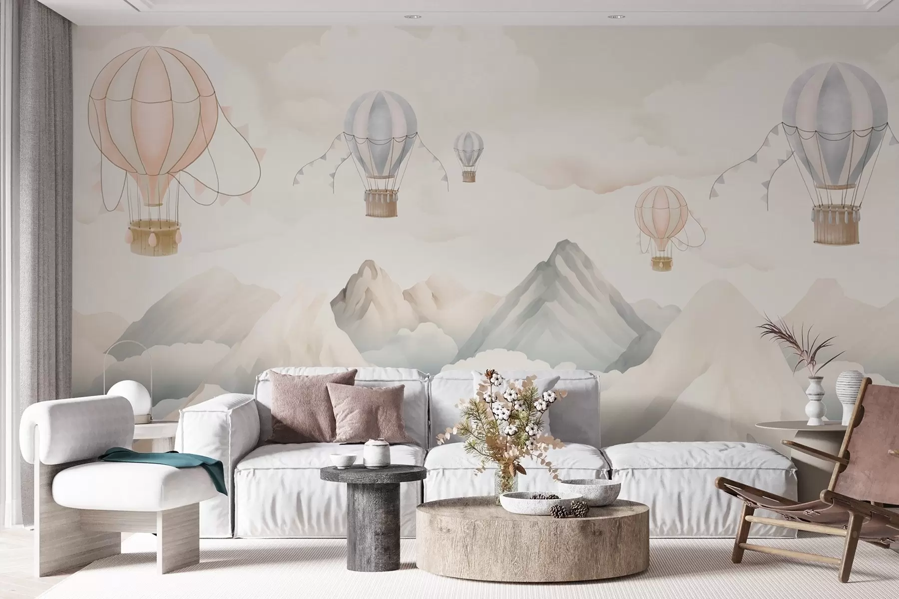 Papier peint Montgolfières flottant au-dessus des montagnes dans des tons neutres, doux et pastel w08853