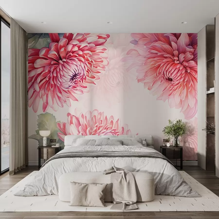 Papier peint Fleurs de chrysanthème en style aquarelle dans une couleur framboise vive w08855