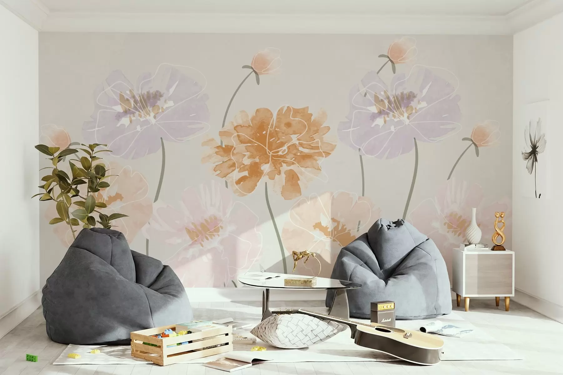 Papier peint Grandes fleurs peintes à l'aquarelle w03298