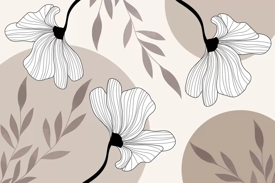 Papier peint Abstraction avec des fleurs et des feuilles dans les tons beiges w03328