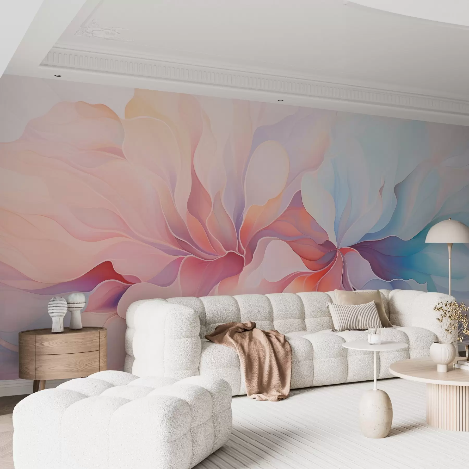 Papier peint Motif floral abstrait dans des tons doux de rose et de bleu w08873