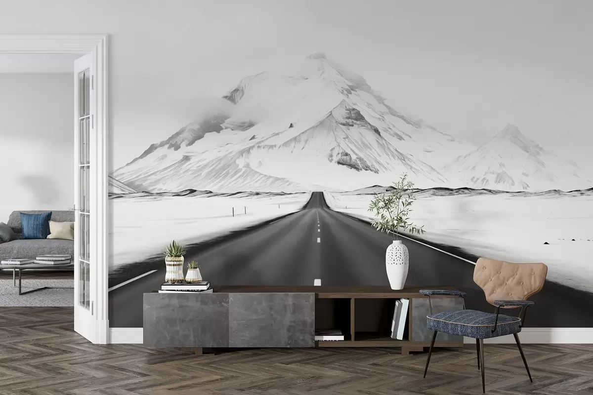 Papier peint Paysage en noir et blanc avec une route menant aux montagnes dans une légère brume w08876