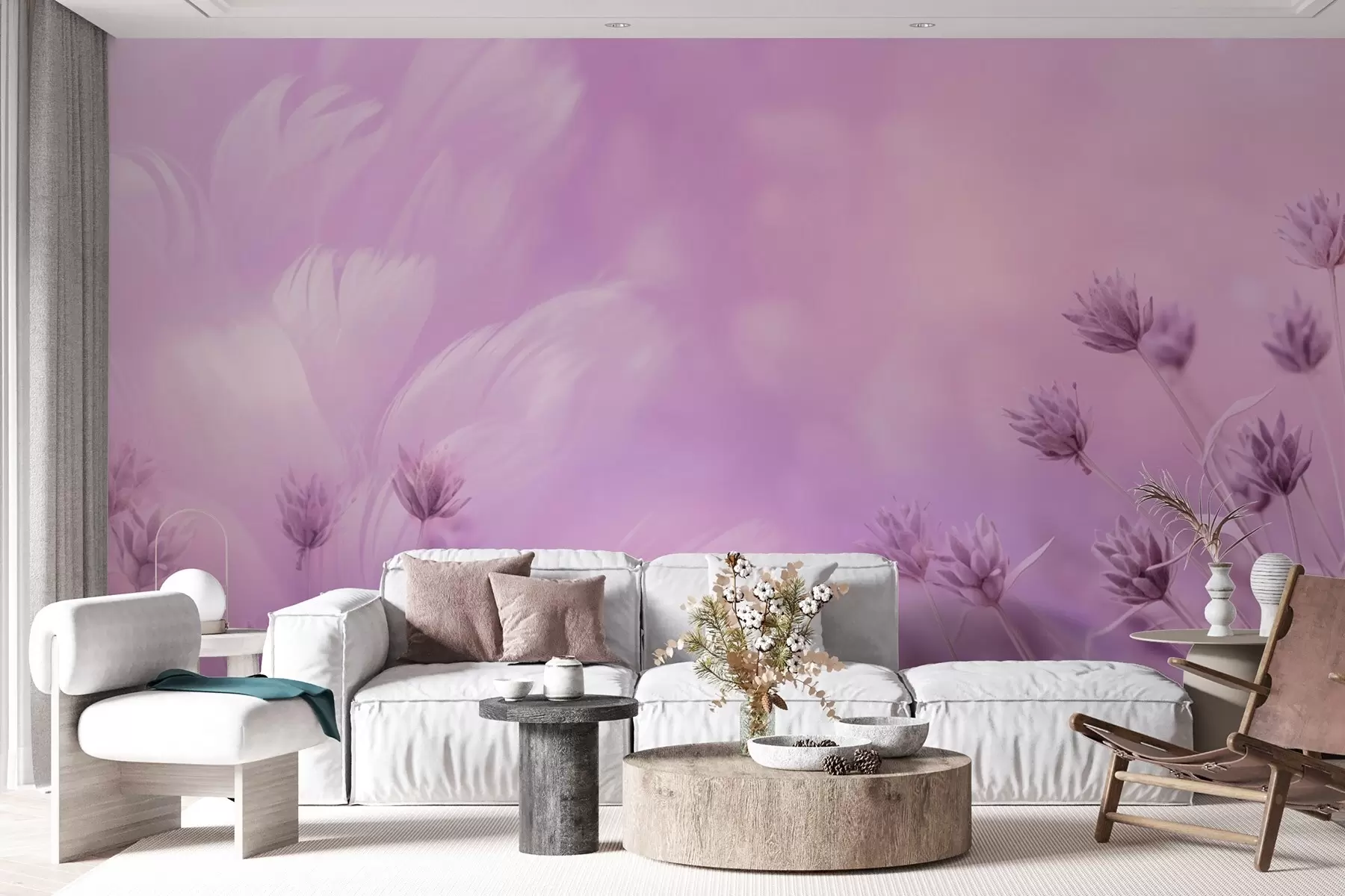 Papier peint Rose et violet lavande avec des plumes en arrière-plan w08877
