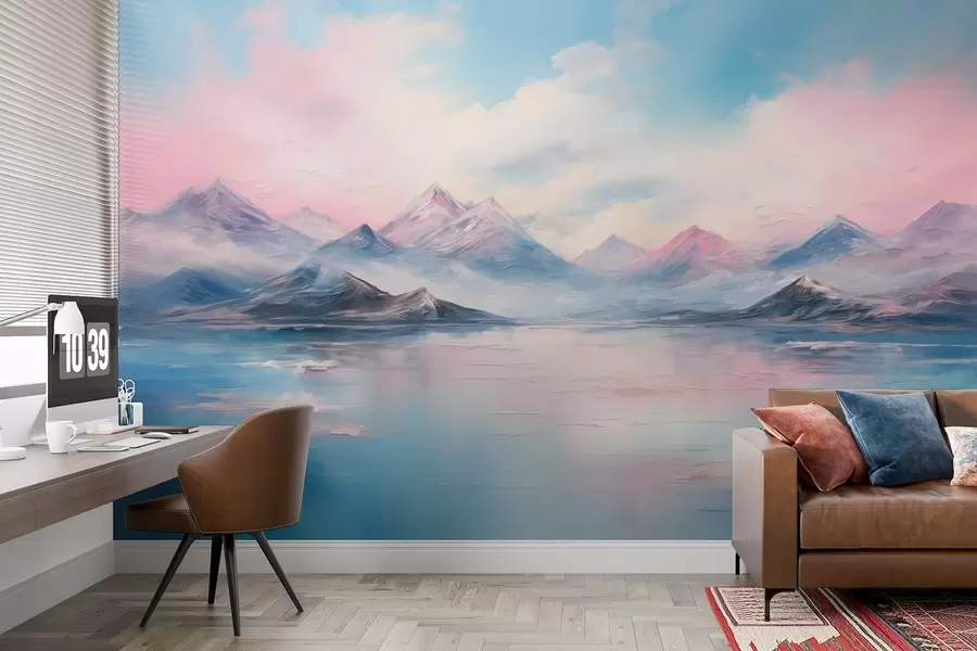 Papier peint Paysage coloré au pinceau dans des tons roses et bleus, avec des montagnes, un lac et des nuages w08878