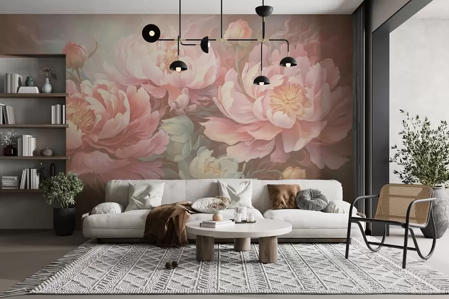 Papier peint Pivoines de conte de fées dans un style à coups de pinceau dans des tons chauds w08879v2
