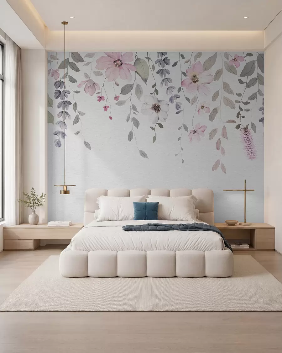 Papier peint Suspension de fleurs et de feuilles en aquarelle w03315