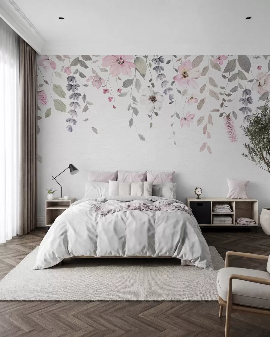 Papier peint Suspension de fleurs et de feuilles en aquarelle w03315