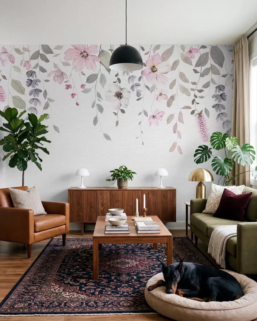 Papier peint Suspension de fleurs et de feuilles en aquarelle w03315