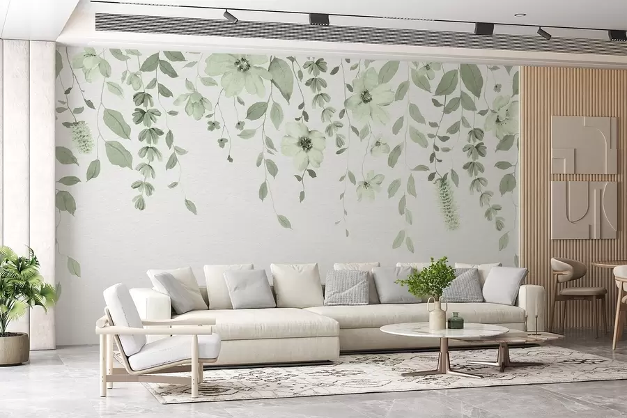 Papier peint Suspension de fleurs et de feuilles en aquarelle w03315v2