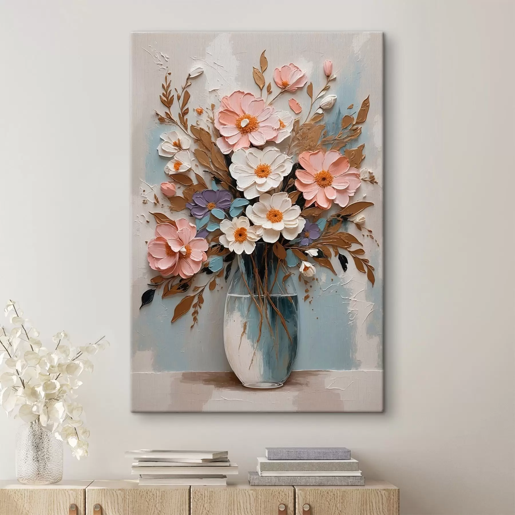 Papier peint Fleurs roses et blanches dans un vase transparent s43089