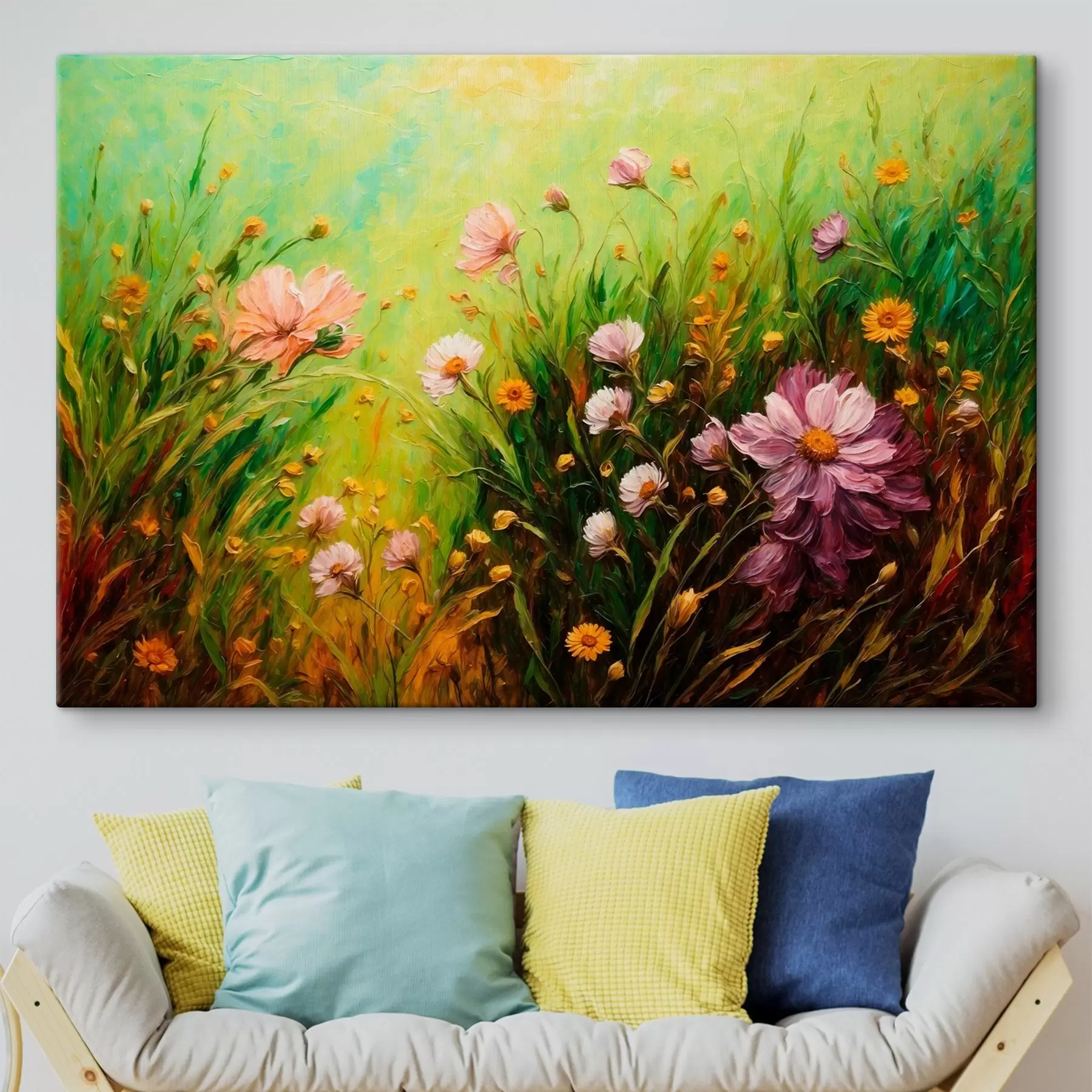 Tableau Champ de fleurs sur fond vert abstrait s43101