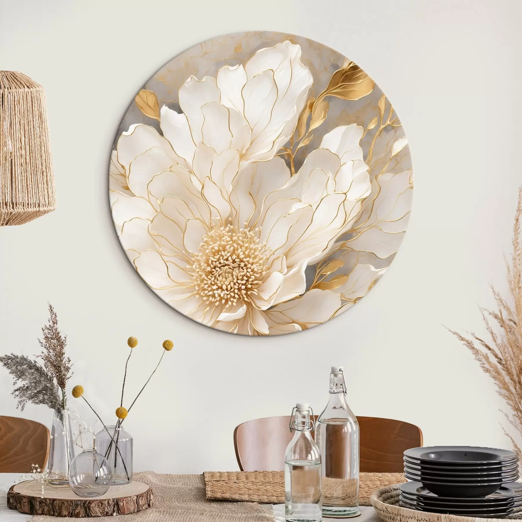 Tableau Fleur blanche avec feuilles en peinture acrylique r43115