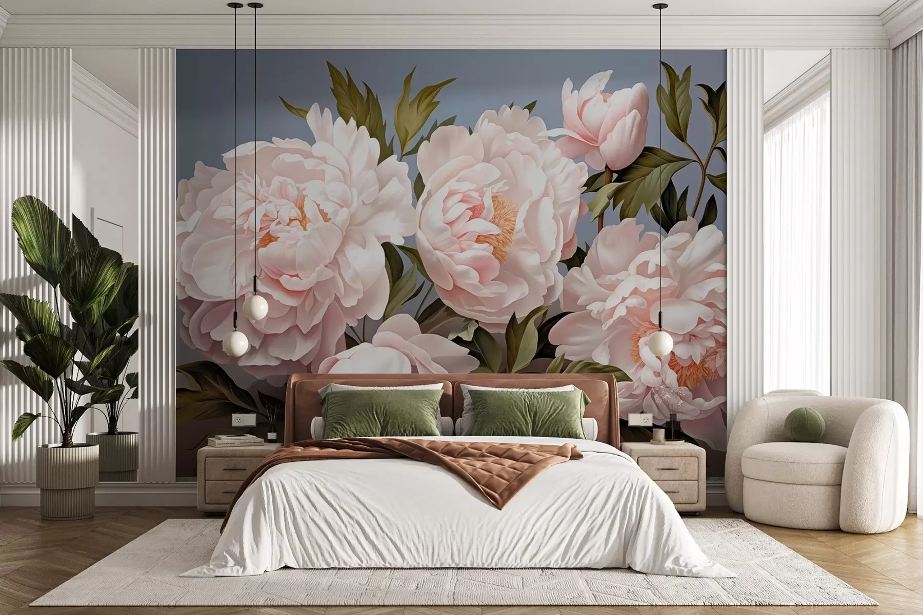 Papier peint Pivoines roses avec feuilles sur fond bleu w08882