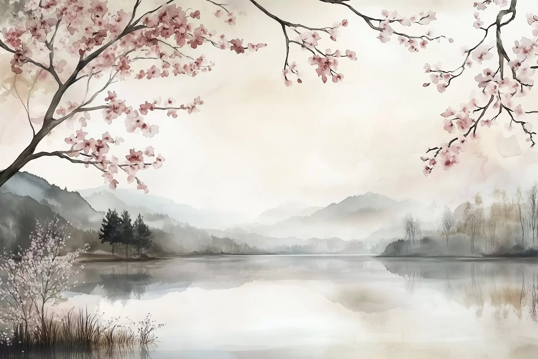 Papier peint paysage calme à l'aquarelle avec un lac et un arbre en fleurs w03282