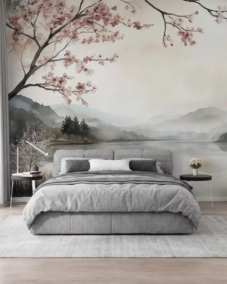 Papier peint paysage calme à l'aquarelle avec un lac et un arbre en fleurs w03282