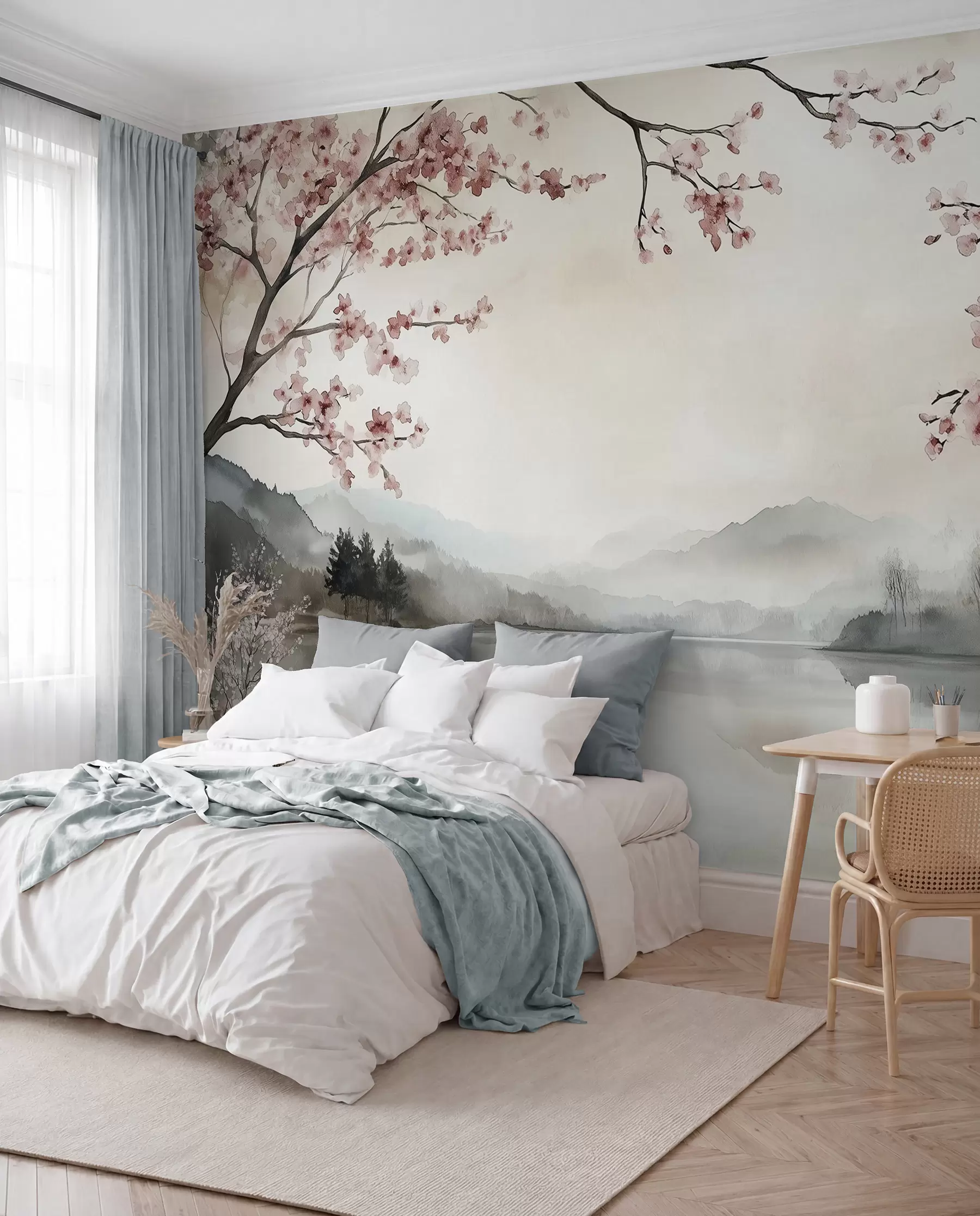 Papier peint paysage calme à l'aquarelle avec un lac et un arbre en fleurs w03282