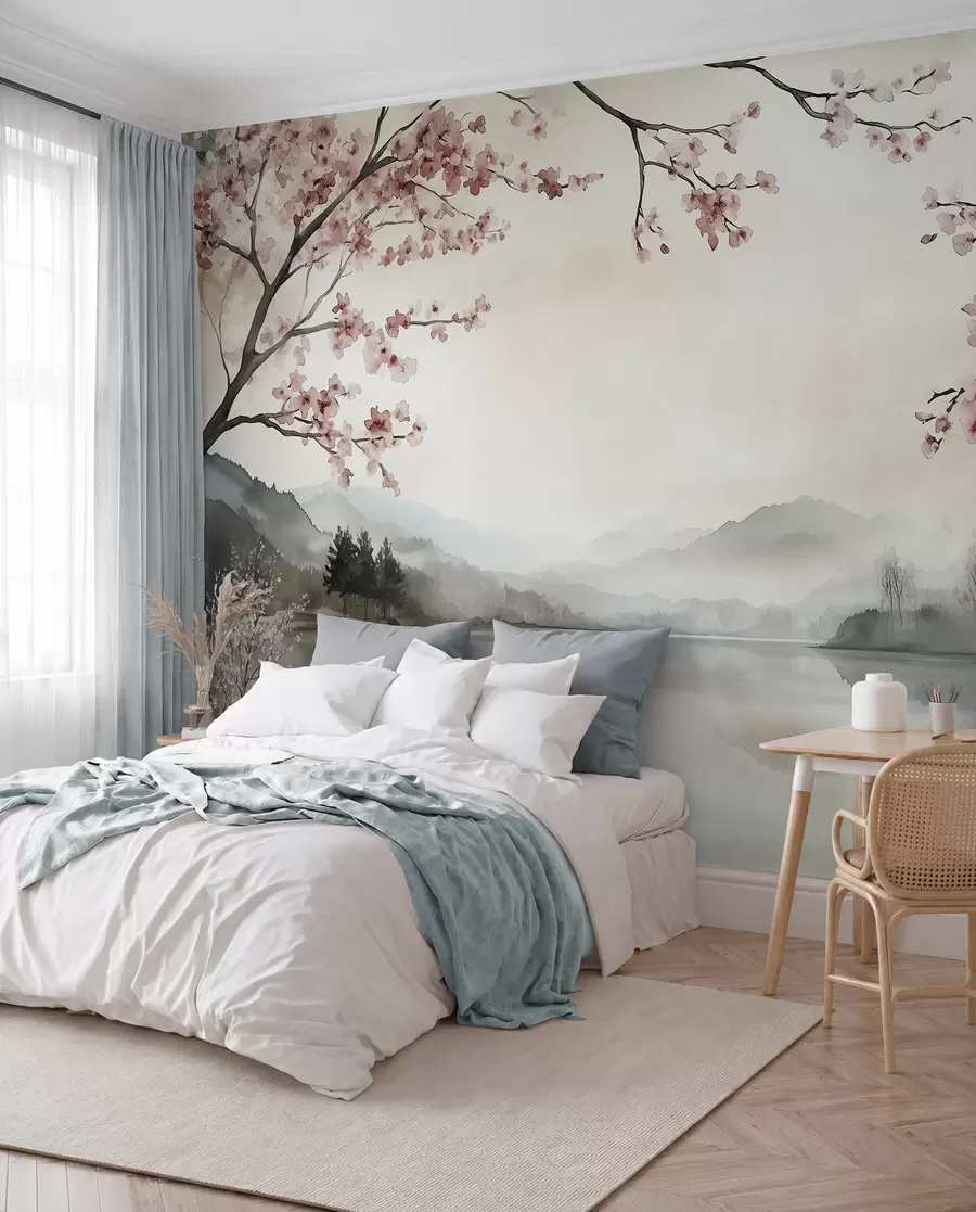 Papier peint paysage calme à l'aquarelle avec un lac et un arbre en fleurs w03282
