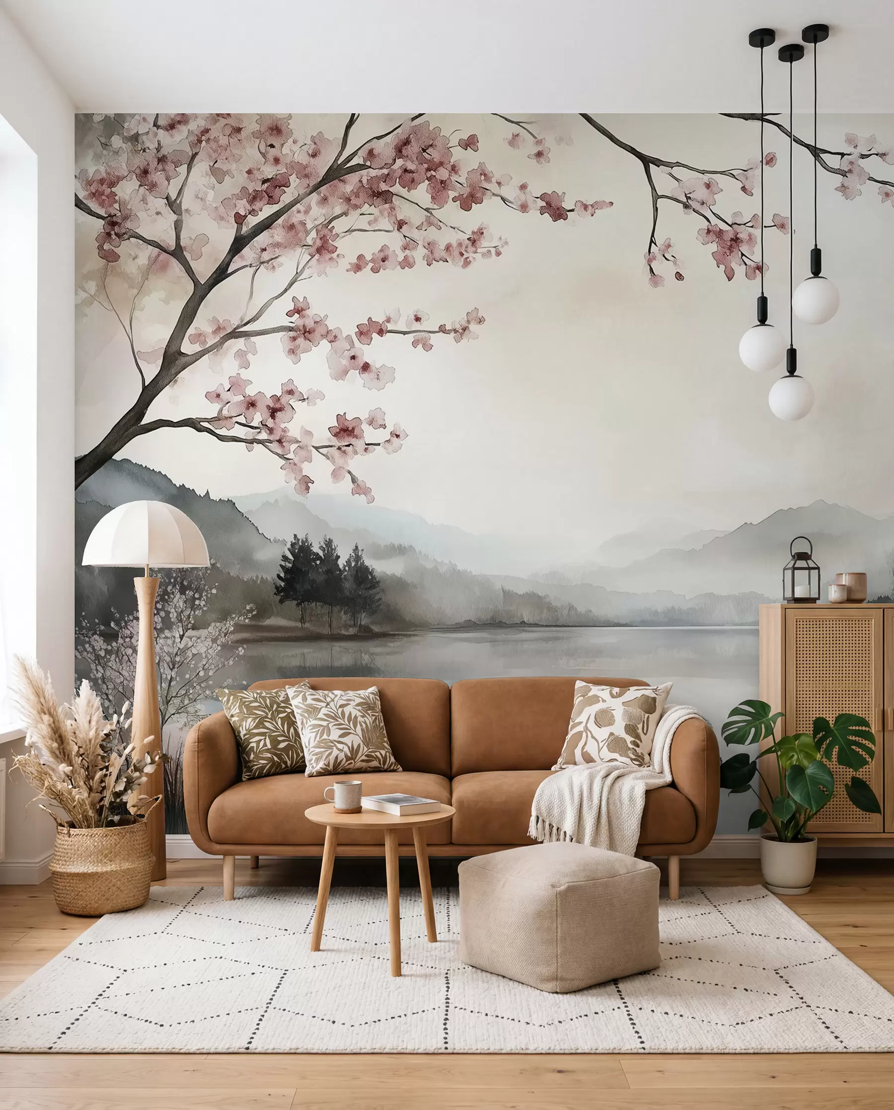 Papier peint paysage calme à l'aquarelle avec un lac et un arbre en fleurs w03282