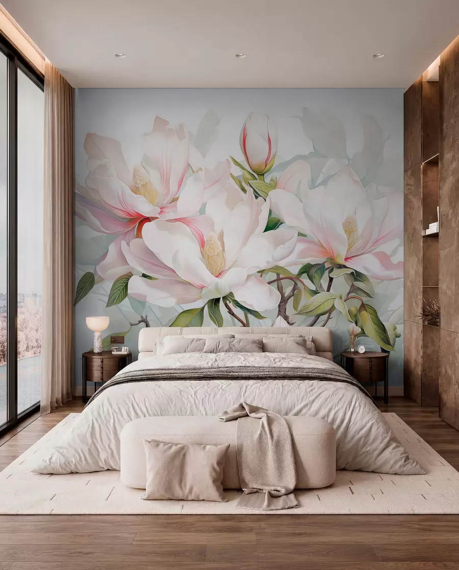 Papier peint Fleurs de magnolia aux pétales blancs et roses, feuilles et branches brunes, style aquarelle douce et délicate w08885