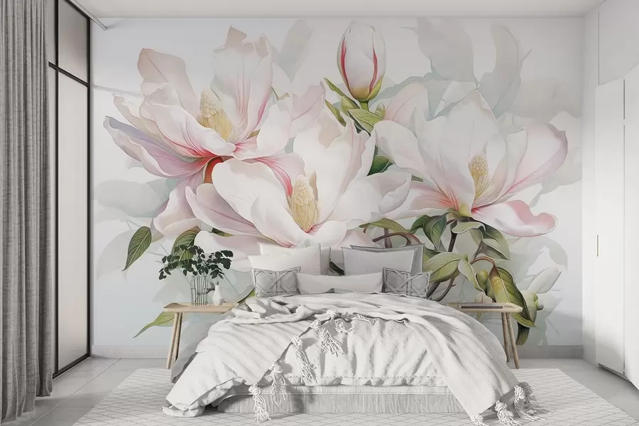 Papier peint Fleurs de magnolia aux pétales blancs et roses, feuilles et branches brunes, style aquarelle douce et délicate w08885