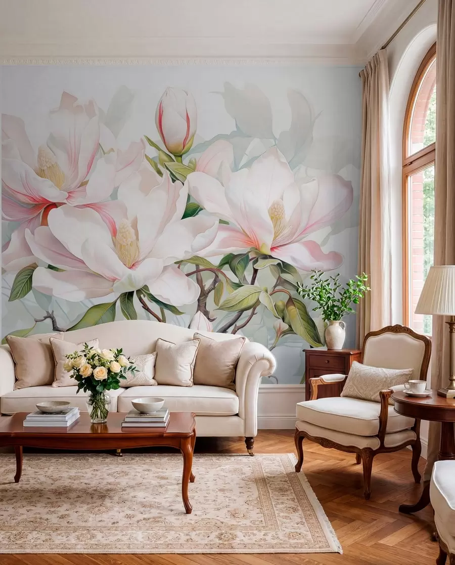 Papier peint Fleurs de magnolia aux pétales blancs et roses, feuilles et branches brunes, style aquarelle douce et délicate w08885