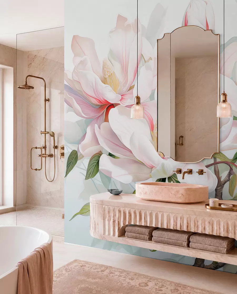 Papier peint Fleurs de magnolia aux pétales blancs et roses, feuilles et branches brunes, style aquarelle douce et délicate w08885